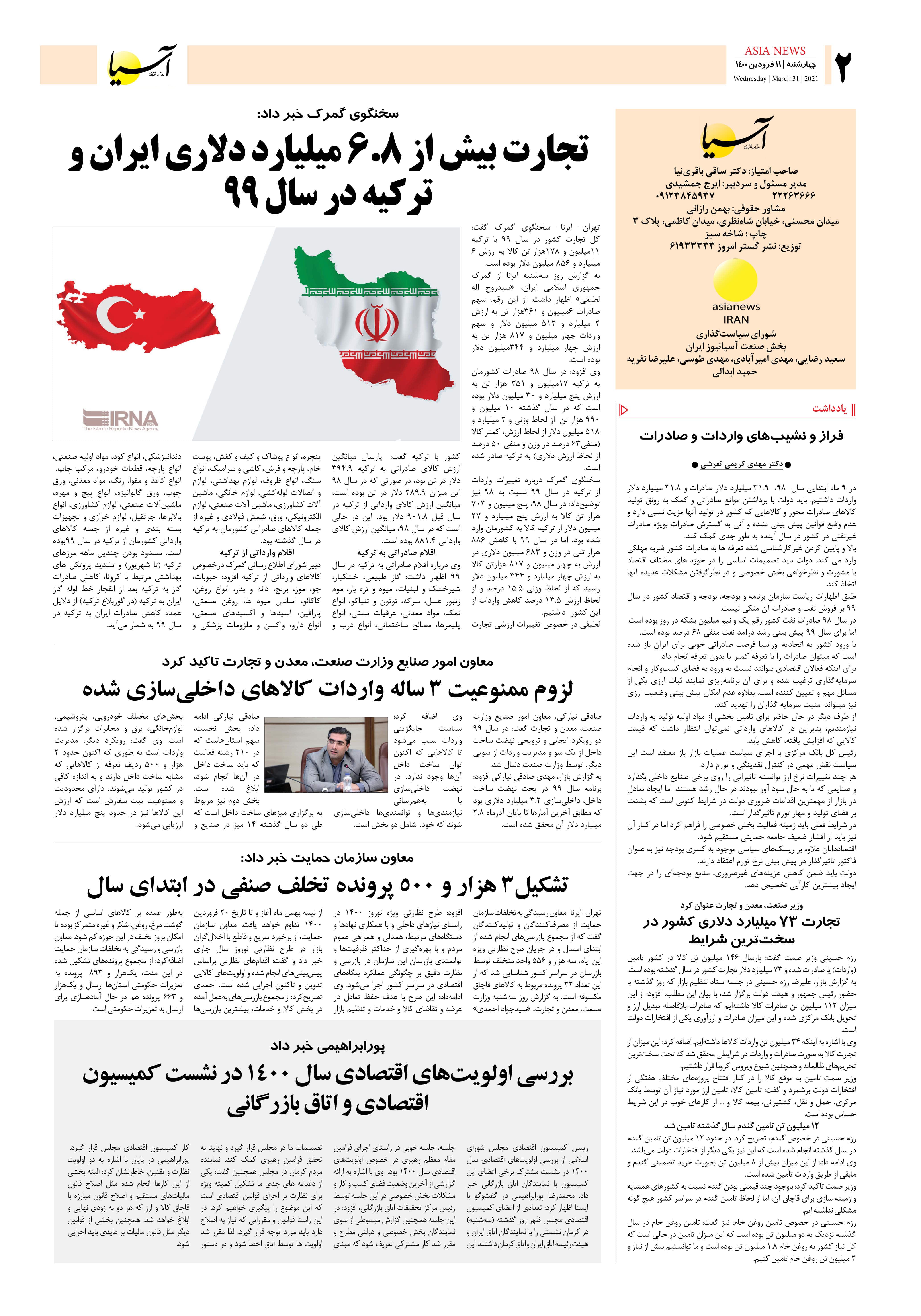 روزنامه اقتصادی آسیا - ۱۱ فروردین ۱۴۰۰ 1