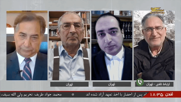 از راست به چپ: محمد نوریزاد، نوید جمشیدی و صادق زیباکلام در مصاحبه تلویزیونی با جمشید چالنگی. سال ۱۳۹۷