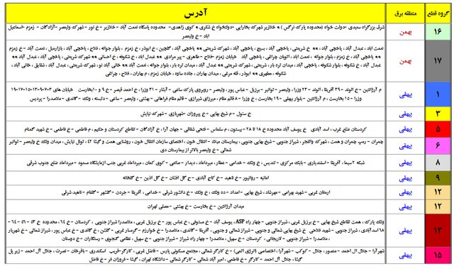 جدول خاموشی تهران تیر و مرداد 1400