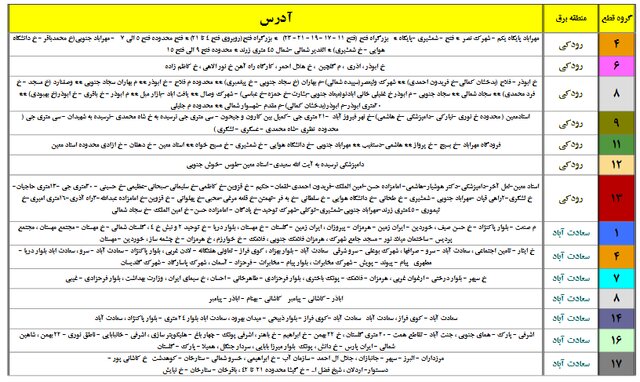 جدول خاموشی تهران تیر و مرداد 1400