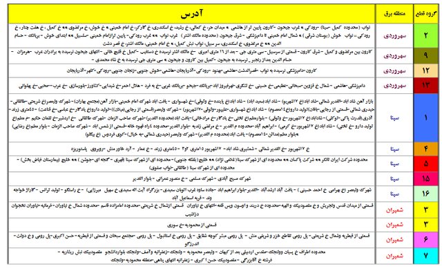 جدول خاموشی تهران تیر و مرداد 1400
