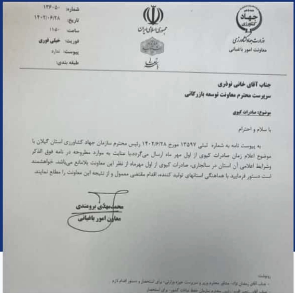 نامه صادرات کیوی