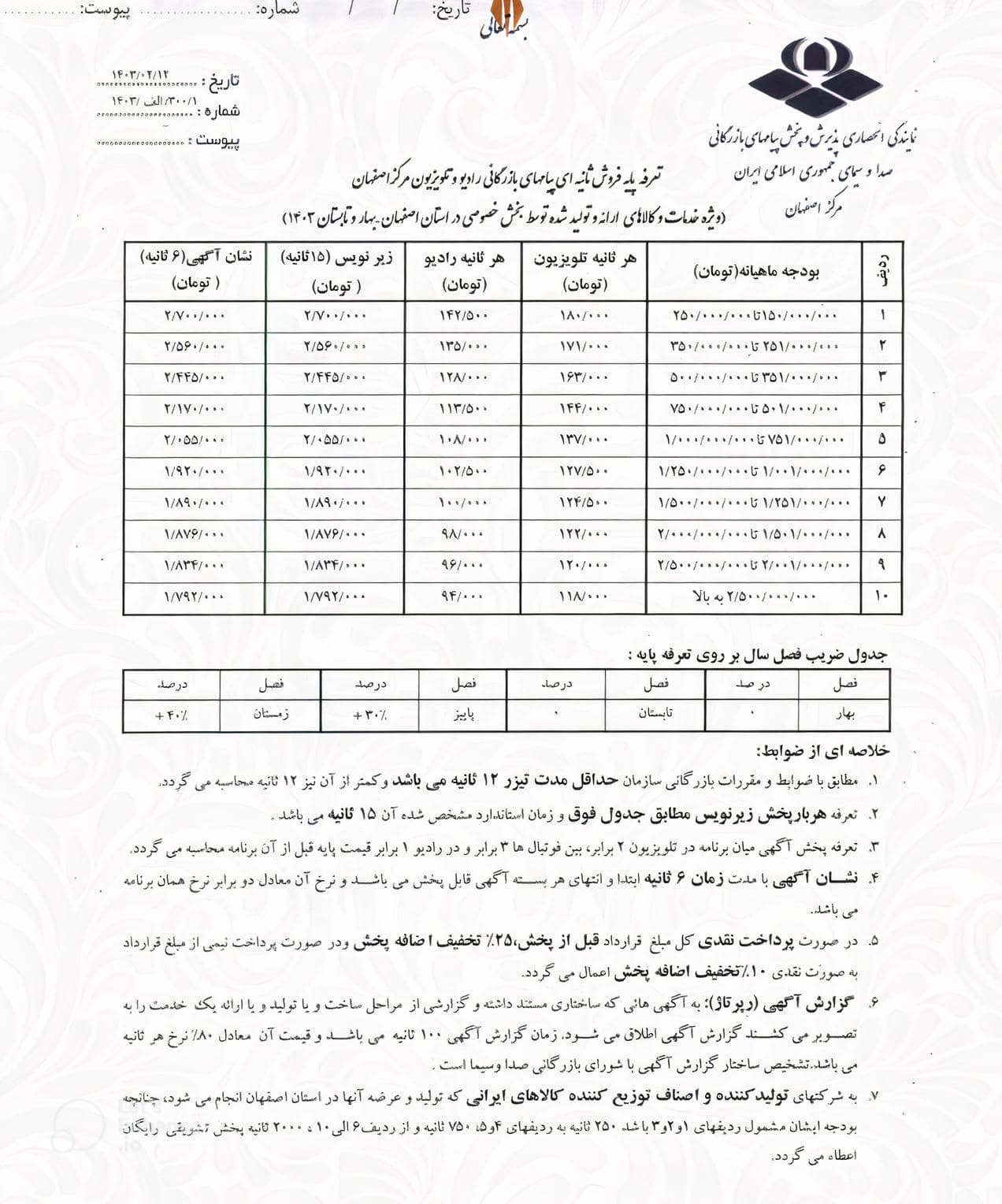 تعرفه تبلیغات در شبکه اصفهان
