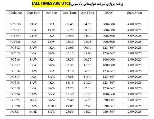 جدول پروازهای پگاسوس به مقصد ایران و ترکیه