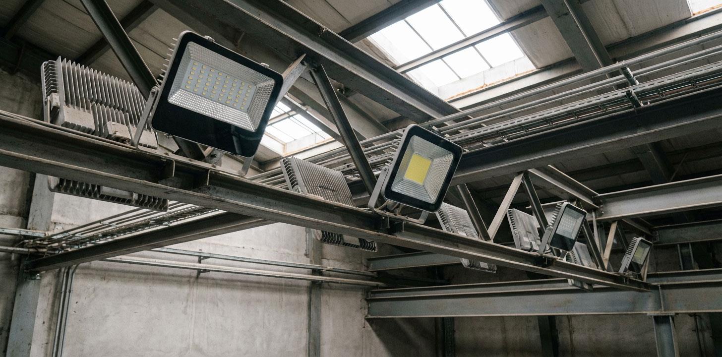 نمونه نصب پروژکتور و نورافکن ال ای دی صنعتی در فضای داخلی سوله