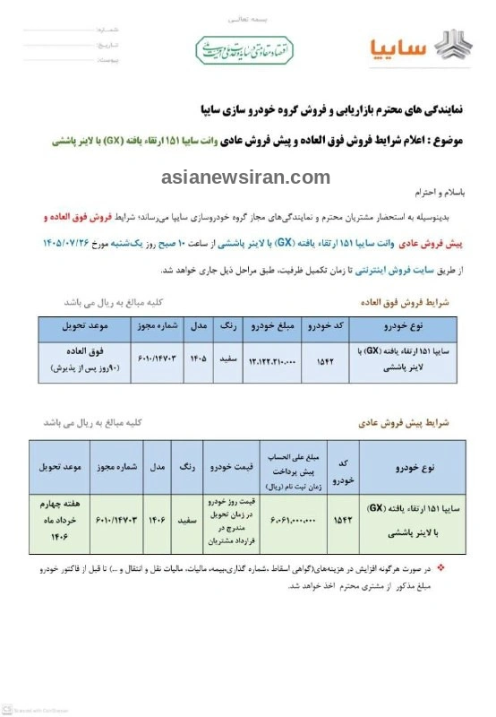 جدول بخشنامه فروش و پیش‌فروش سایپا ۱۵۱ در مهر ۱۴۰۵