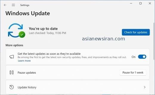 صفحهٔ Windows Update و دکمهٔ بررسی به‌روزرسانی‌ها
