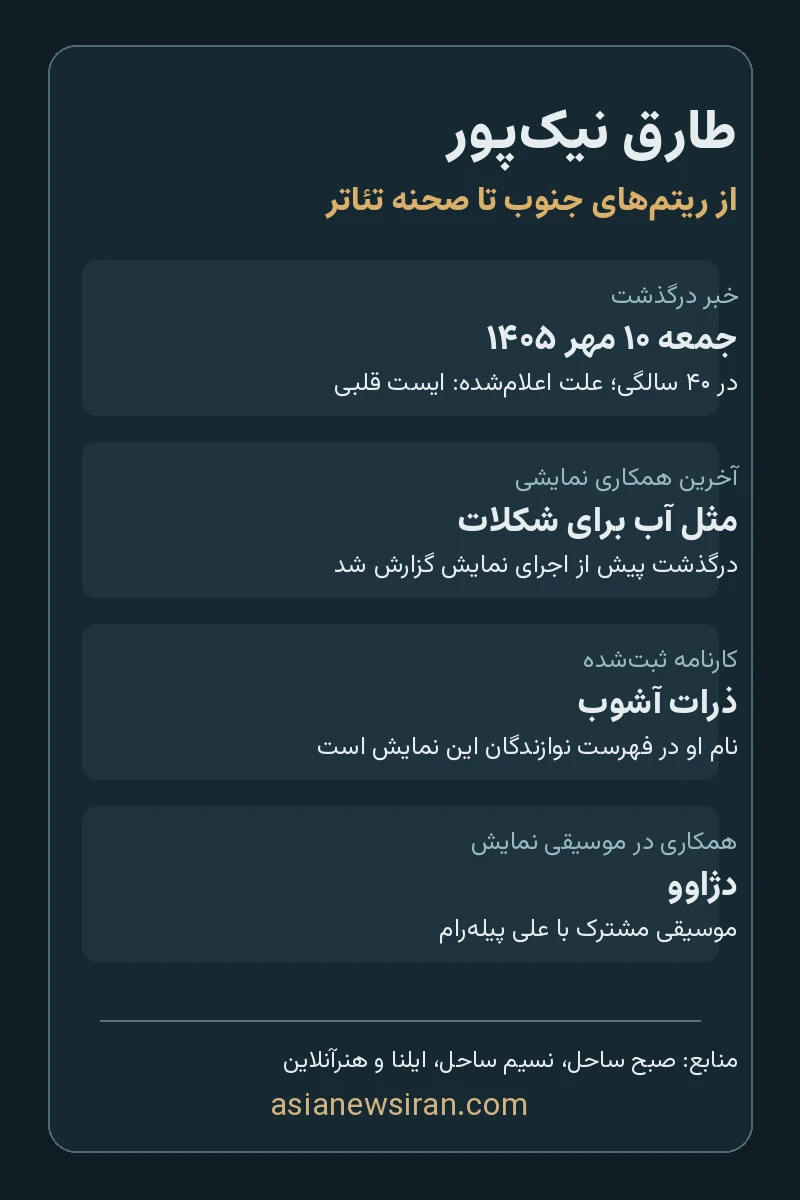 مرور خبر درگذشت و همکاری‌های طارق نیک‌پور در موسیقی تئاتر