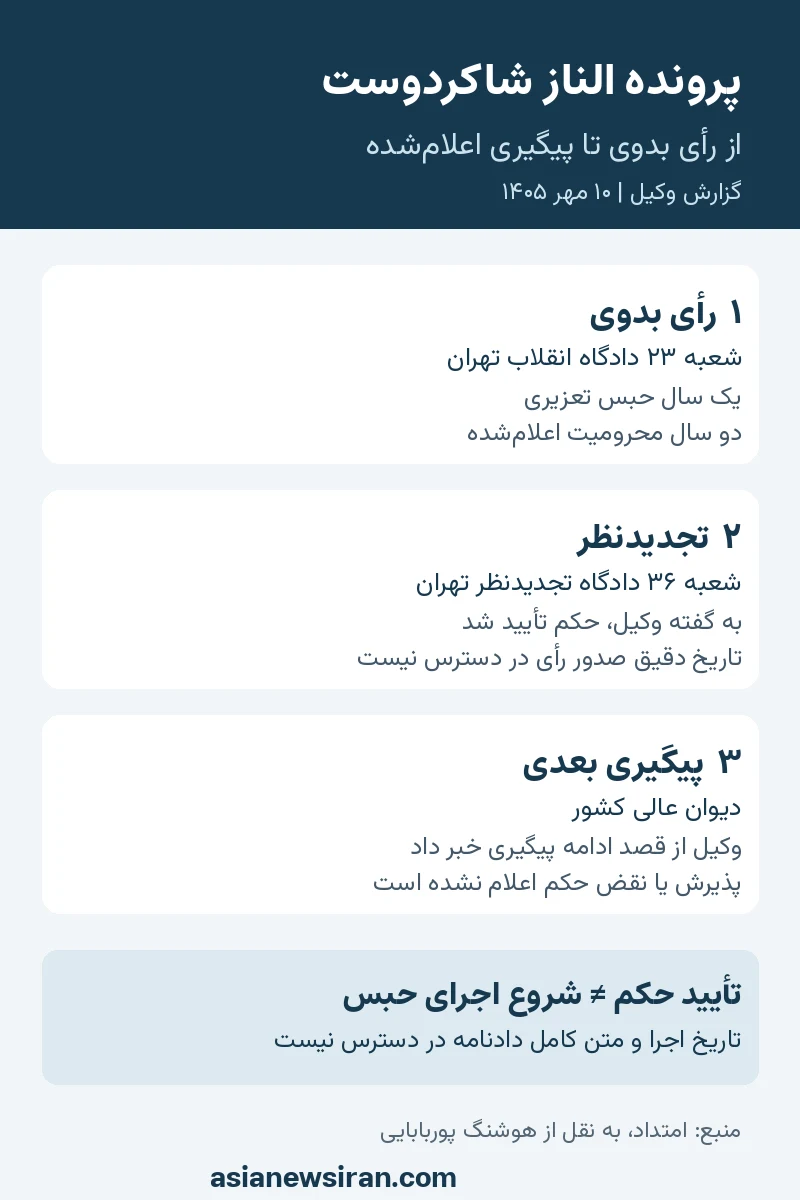 مراحل اعلام‌شده پرونده الناز شاکردوست به روایت وکیل