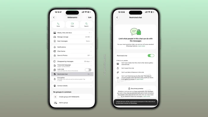 صفحهٔ Restricted Chat در نسخهٔ آزمایشی آیفون؛ منبع WABetaInfo