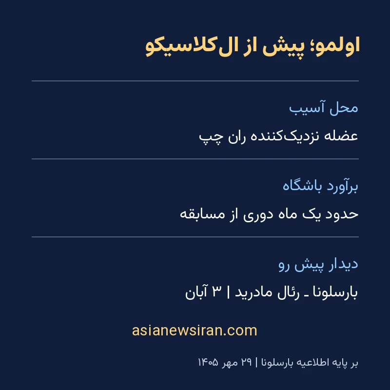 اینفوگرافیک محل آسیب اولمو، دوری تقریبی یک‌ماهه و ال‌کلاسیکوی ۳ آبان