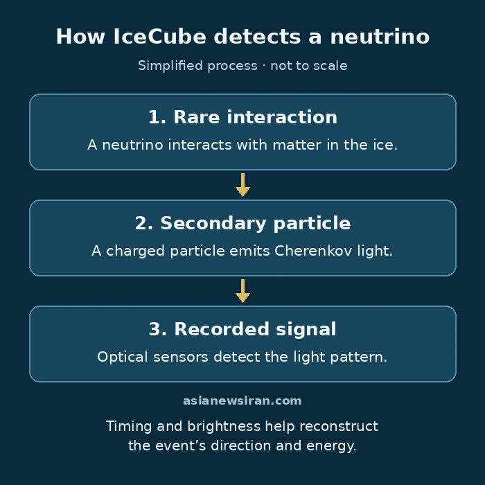 Original simplified diagram of neutrino interaction, secondary-particle Cherenkov light and optical detection; not to scale