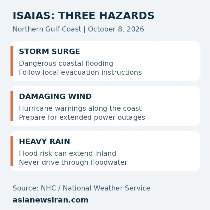 Isaias hazard guide showing storm surge, damaging wind and heavy rain precautions based on NHC and National Weather Service guidance