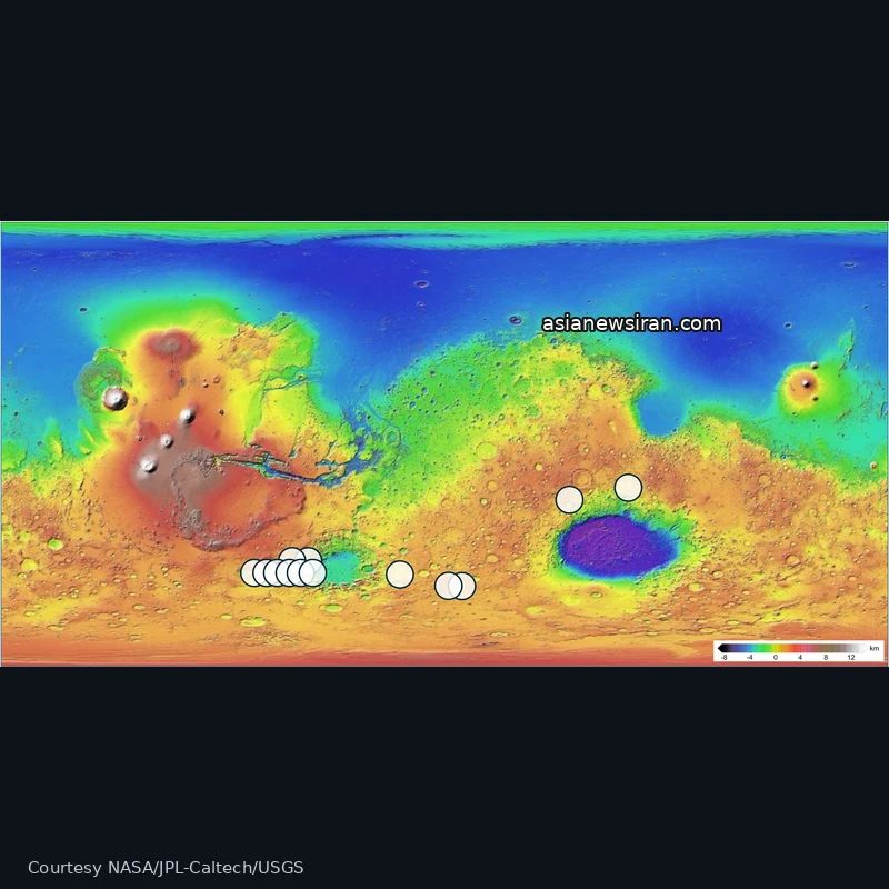 NASA/JPL-Caltech/USGS map marking possible source regions of Teghaza 001 on Mars