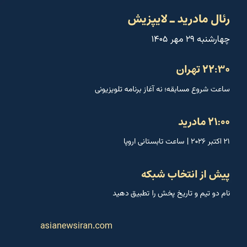 راهنمای ساعت شروع رئال مادرید و لایپزیش در ۲۹ مهر به وقت تهران و مادرید