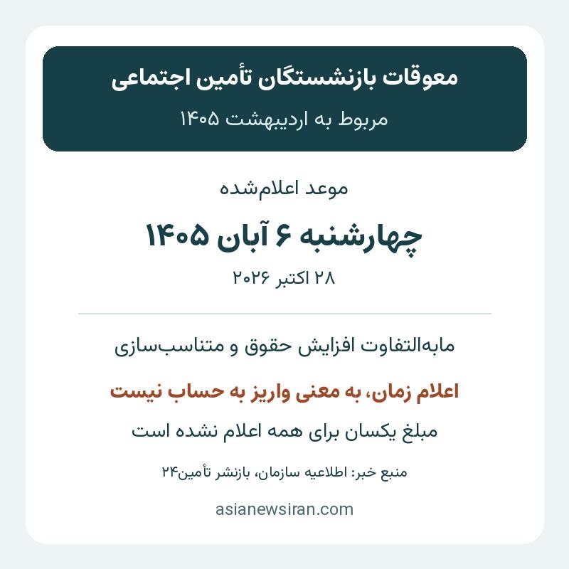 راهنمای موعد اعلام‌شده ۶ آبان برای معوقات اردیبهشت بازنشستگان تأمین اجتماعی